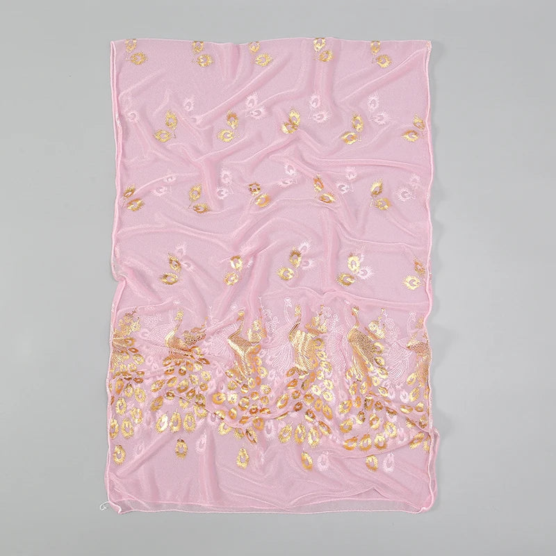 Elegant Peacock Printed Hijab Gold Glitter Polyester Scarf For Woman Solid Color Shawls Summer Sun Protection Headband 170*60cm