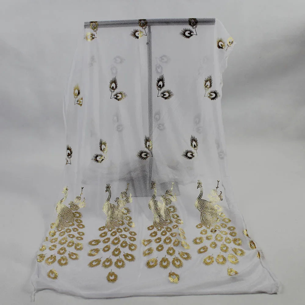Elegant Peacock Printed Hijab Gold Glitter Polyester Scarf For Woman Solid Color Shawls Summer Sun Protection Headband 170*60cm