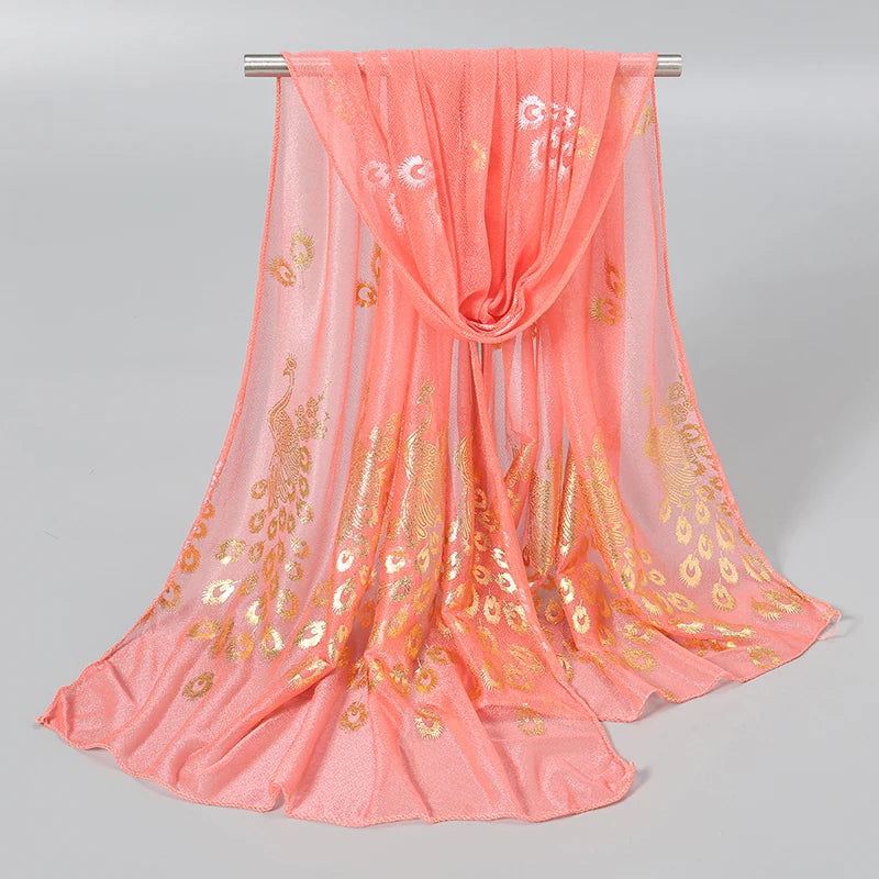 Elegant Peacock Printed Hijab Gold Glitter Polyester Scarf For Woman Solid Color Shawls Summer Sun Protection Headband 170*60cm