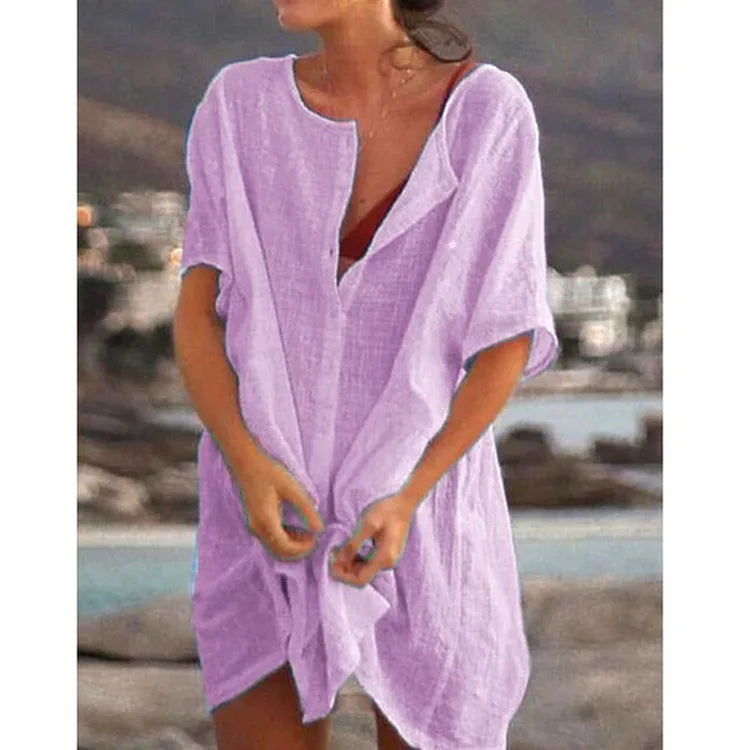 Women's shirt, multi color, multi size, medium length, loose fitting solid color, short sleeved shirt, beach sun protection for