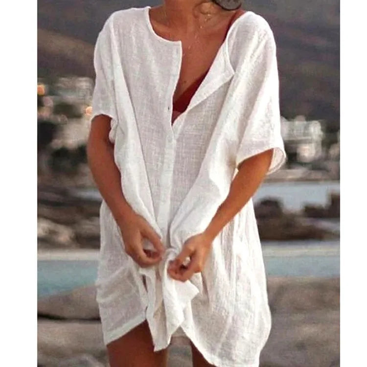 Women's shirt, multi color, multi size, medium length, loose fitting solid color, short sleeved shirt, beach sun protection for