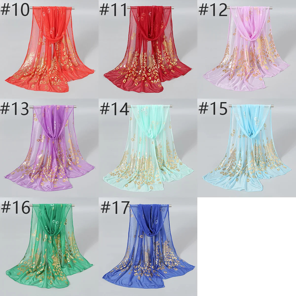 Elegant Peacock Printed Hijab Gold Glitter Polyester Scarf For Woman Solid Color Shawls Summer Sun Protection Headband 170*60cm