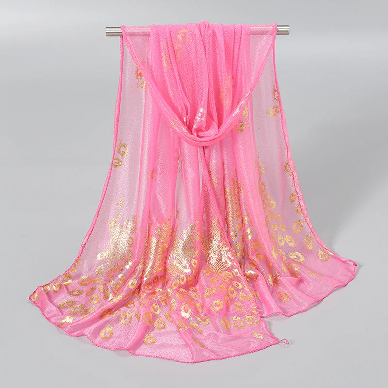 Elegant Peacock Printed Hijab Gold Glitter Polyester Scarf For Woman Solid Color Shawls Summer Sun Protection Headband 170*60cm