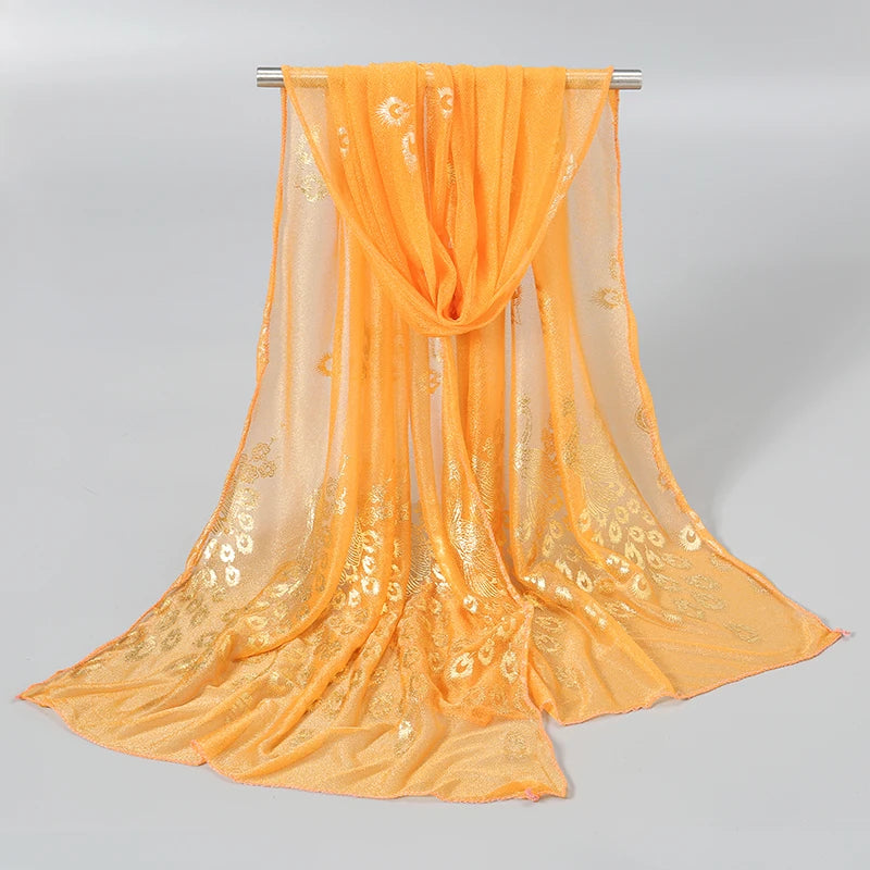 Elegant Peacock Printed Hijab Gold Glitter Polyester Scarf For Woman Solid Color Shawls Summer Sun Protection Headband 170*60cm
