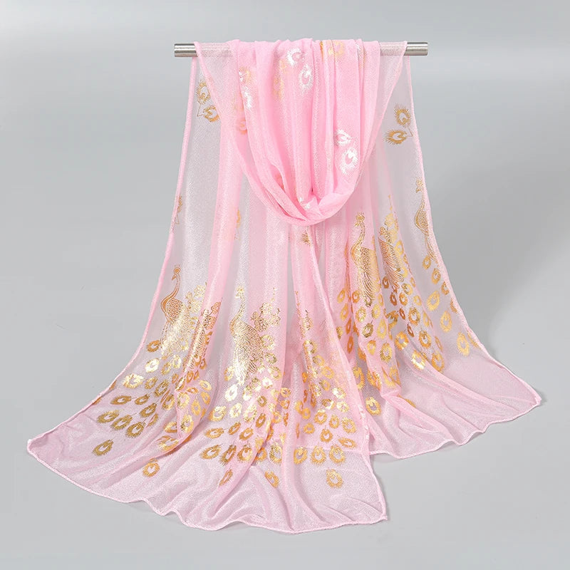 Elegant Peacock Printed Hijab Gold Glitter Polyester Scarf For Woman Solid Color Shawls Summer Sun Protection Headband 170*60cm