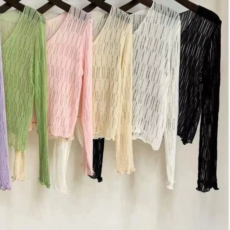 Long Sleeve Knitted Cardigan Women Summer Short Thin Loose Hollow Out Edible Tree Fungus Korean Style V-neck Sun Protection Tops
