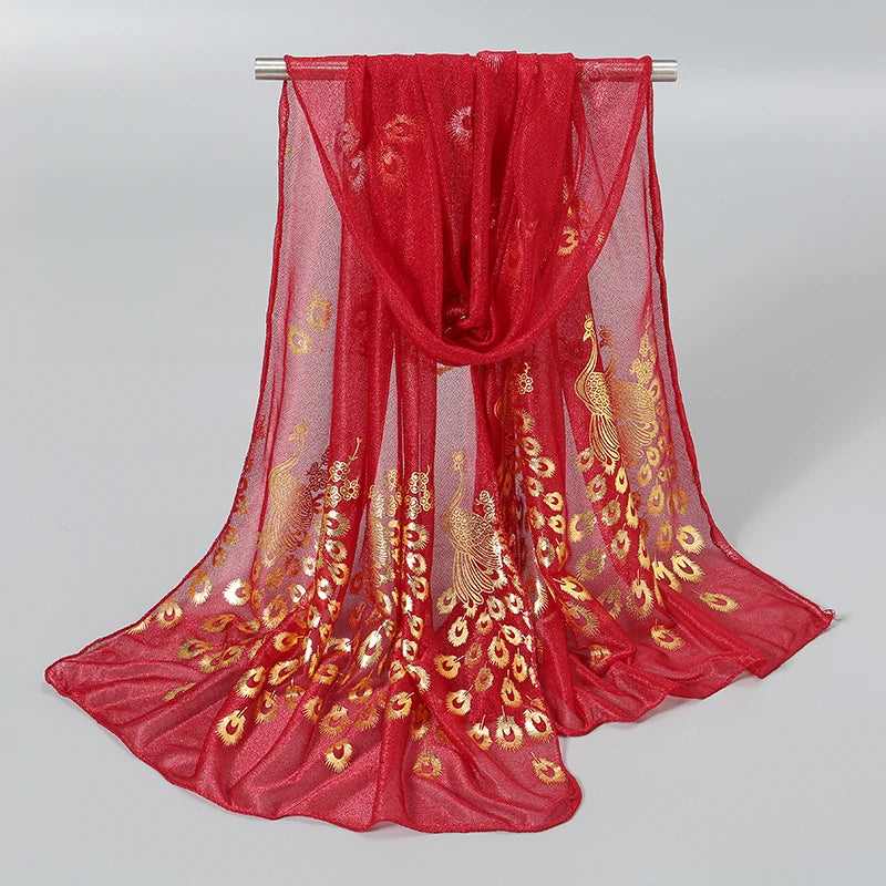 Elegant Peacock Printed Hijab Gold Glitter Polyester Scarf For Woman Solid Color Shawls Summer Sun Protection Headband 170*60cm