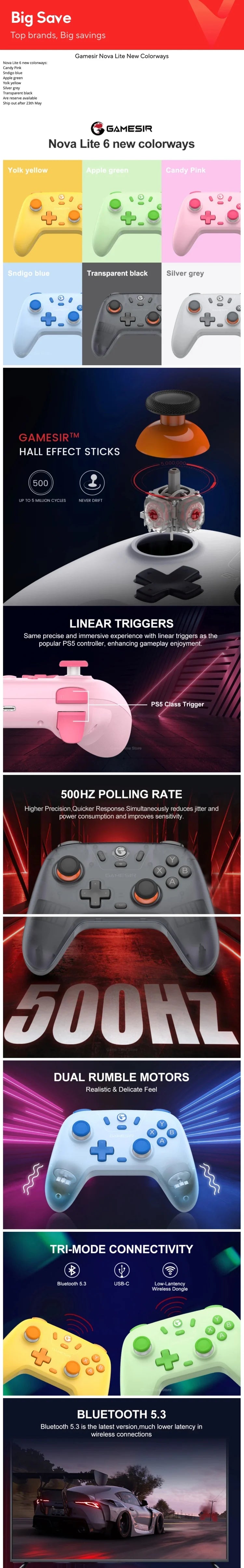 GameSir Nova Lite Wireless Gamepad Controller with Bluetooth, Dongle, Wired for Switch, Android, IOS, PC & Steam Games