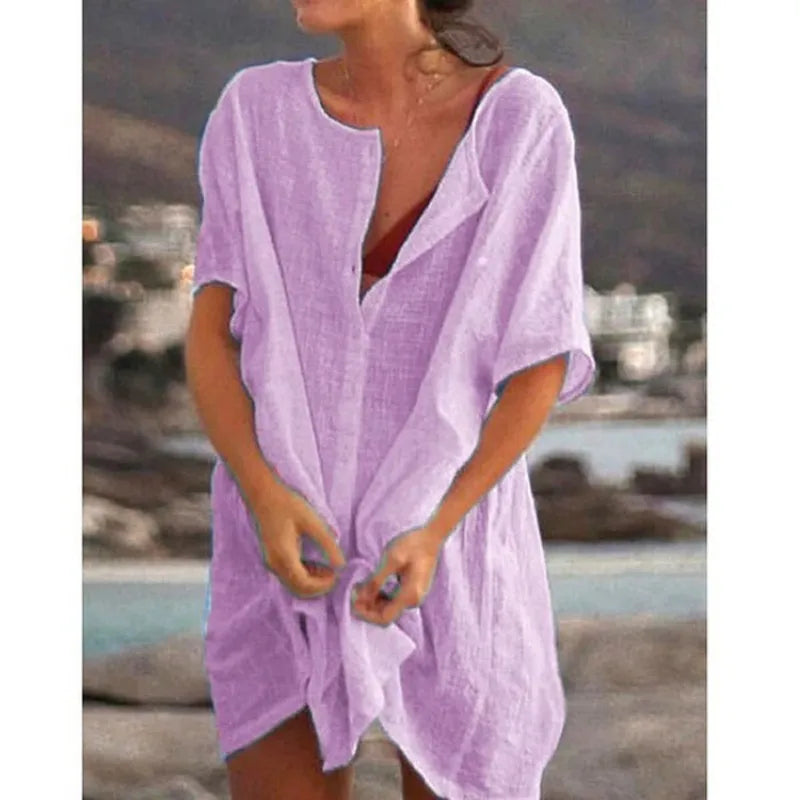 Women's shirt, multi color, multi size, medium length, loose fitting solid color, short sleeved shirt, beach sun protection for
