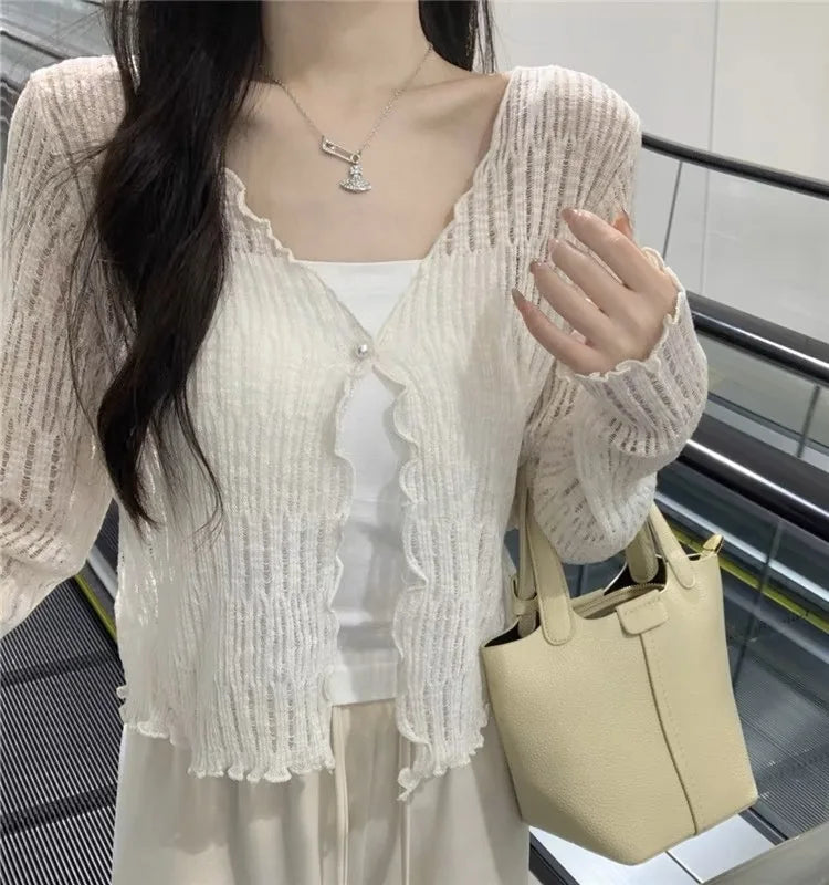Long Sleeve Knitted Cardigan Women Summer Short Thin Loose Hollow Out Edible Tree Fungus Korean Style V-neck Sun Protection Tops