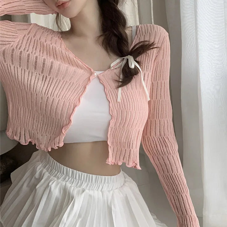 Long Sleeve Knitted Cardigan Women Summer Short Thin Loose Hollow Out Edible Tree Fungus Korean Style V-neck Sun Protection Tops