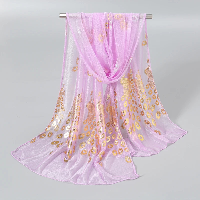 Elegant Peacock Printed Hijab Gold Glitter Polyester Scarf For Woman Solid Color Shawls Summer Sun Protection Headband 170*60cm