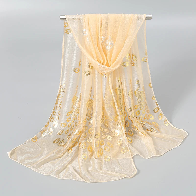 Elegant Peacock Printed Hijab Gold Glitter Polyester Scarf For Woman Solid Color Shawls Summer Sun Protection Headband 170*60cm