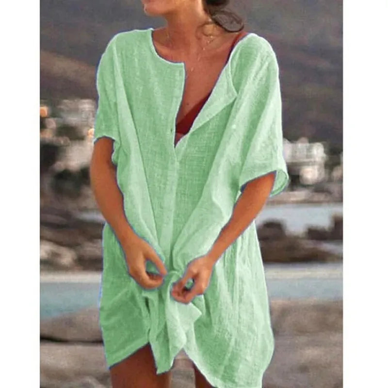 Women's shirt, multi color, multi size, medium length, loose fitting solid color, short sleeved shirt, beach sun protection for