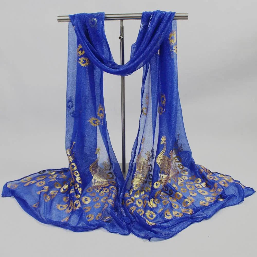 Elegant Peacock Printed Hijab Gold Glitter Polyester Scarf For Woman Solid Color Shawls Summer Sun Protection Headband 170*60cm