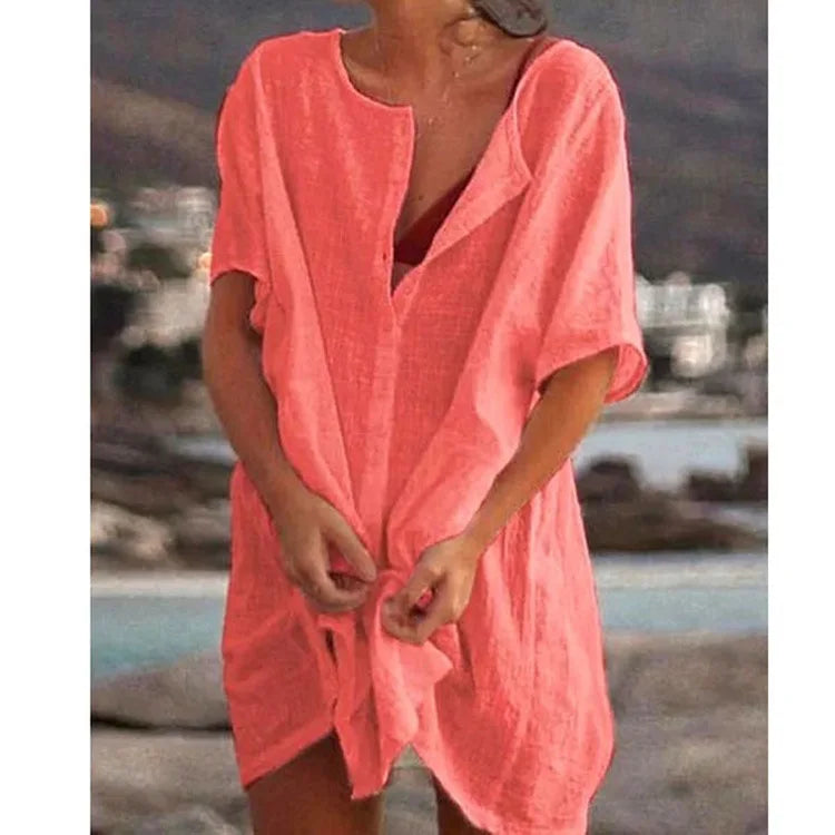 Women's shirt, multi color, multi size, medium length, loose fitting solid color, short sleeved shirt, beach sun protection for