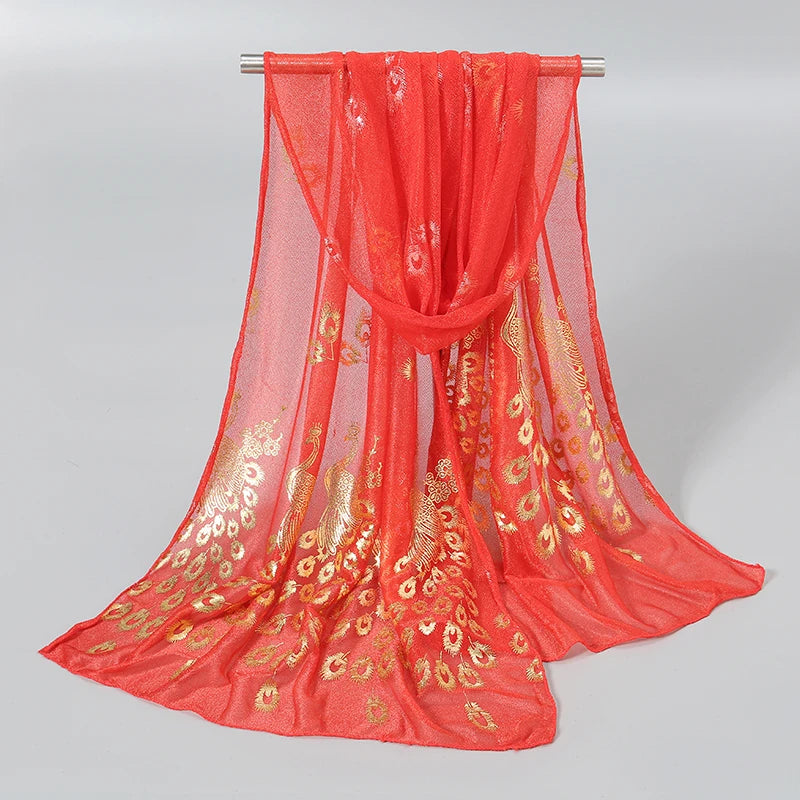 Elegant Peacock Printed Hijab Gold Glitter Polyester Scarf For Woman Solid Color Shawls Summer Sun Protection Headband 170*60cm