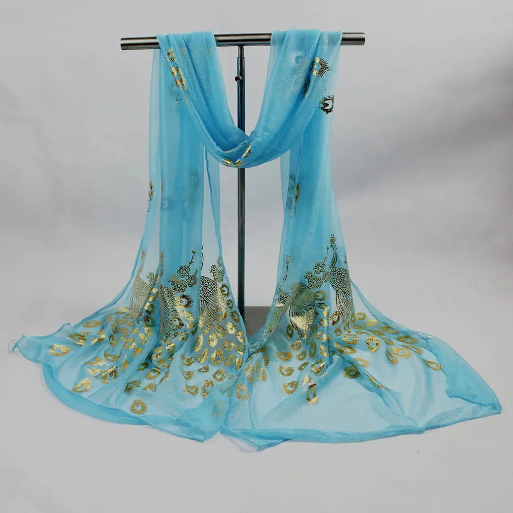 Elegant Peacock Printed Hijab Gold Glitter Polyester Scarf For Woman Solid Color Shawls Summer Sun Protection Headband 170*60cm
