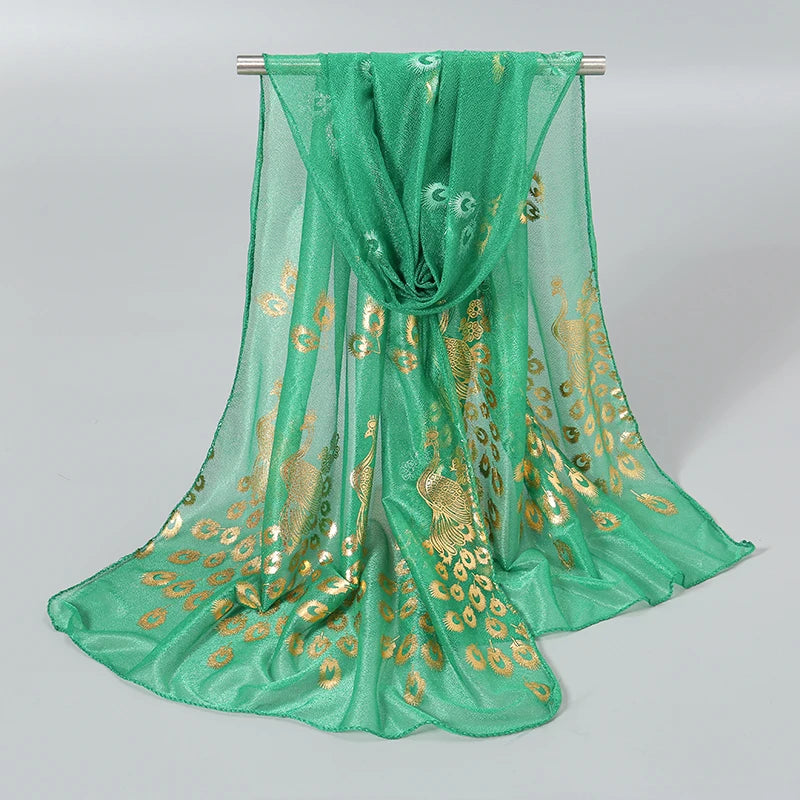 Elegant Peacock Printed Hijab Gold Glitter Polyester Scarf For Woman Solid Color Shawls Summer Sun Protection Headband 170*60cm