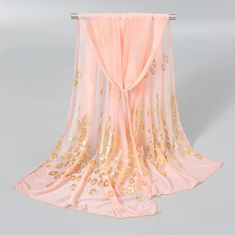Elegant Peacock Printed Hijab Gold Glitter Polyester Scarf For Woman Solid Color Shawls Summer Sun Protection Headband 170*60cm