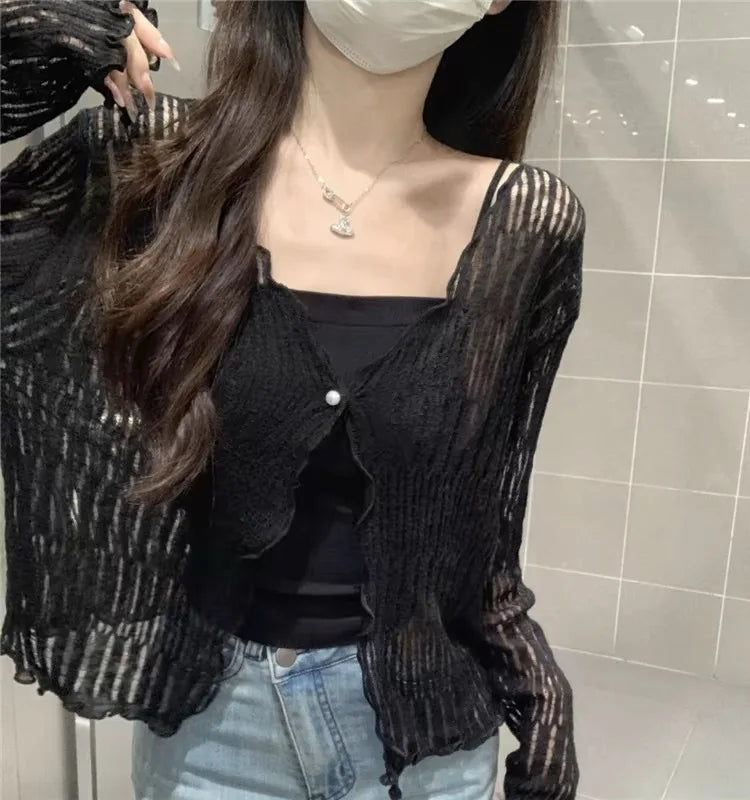 Long Sleeve Knitted Cardigan Women Summer Short Thin Loose Hollow Out Edible Tree Fungus Korean Style V-neck Sun Protection Tops