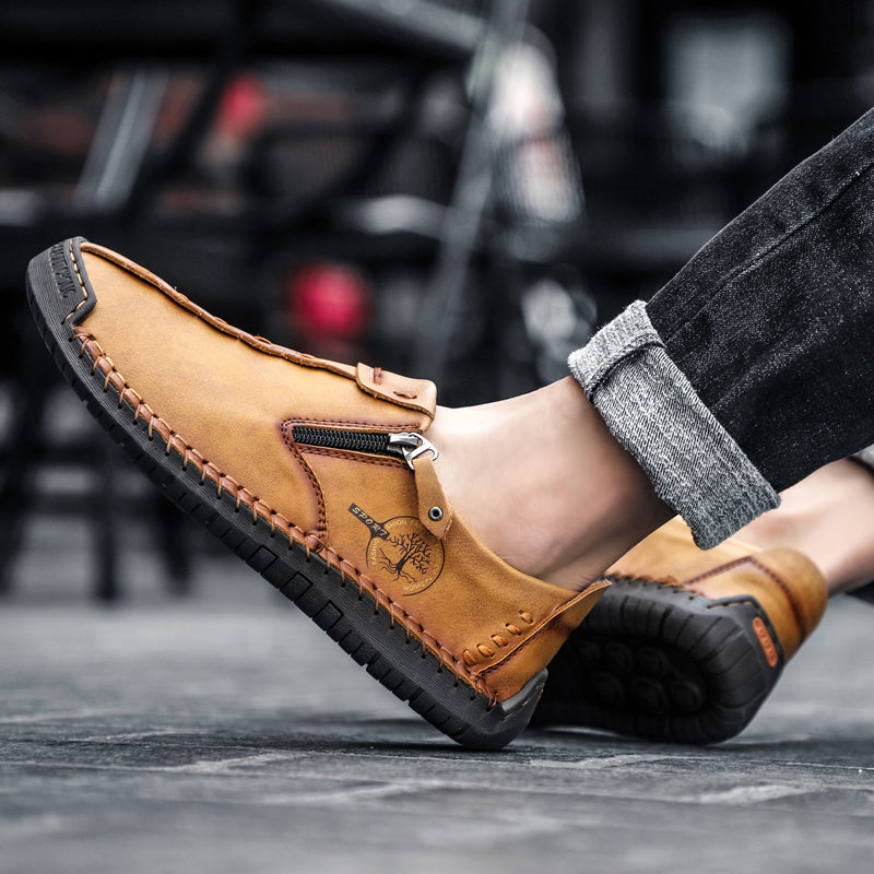 Men'S Vintage Loafers - Handmade Synthetic Shoes with Zipper Closure, Round Toe & Rubber Sole, Brown & Black Design for Casual & Formal Wear, Formal Footwear, Durable Footwear