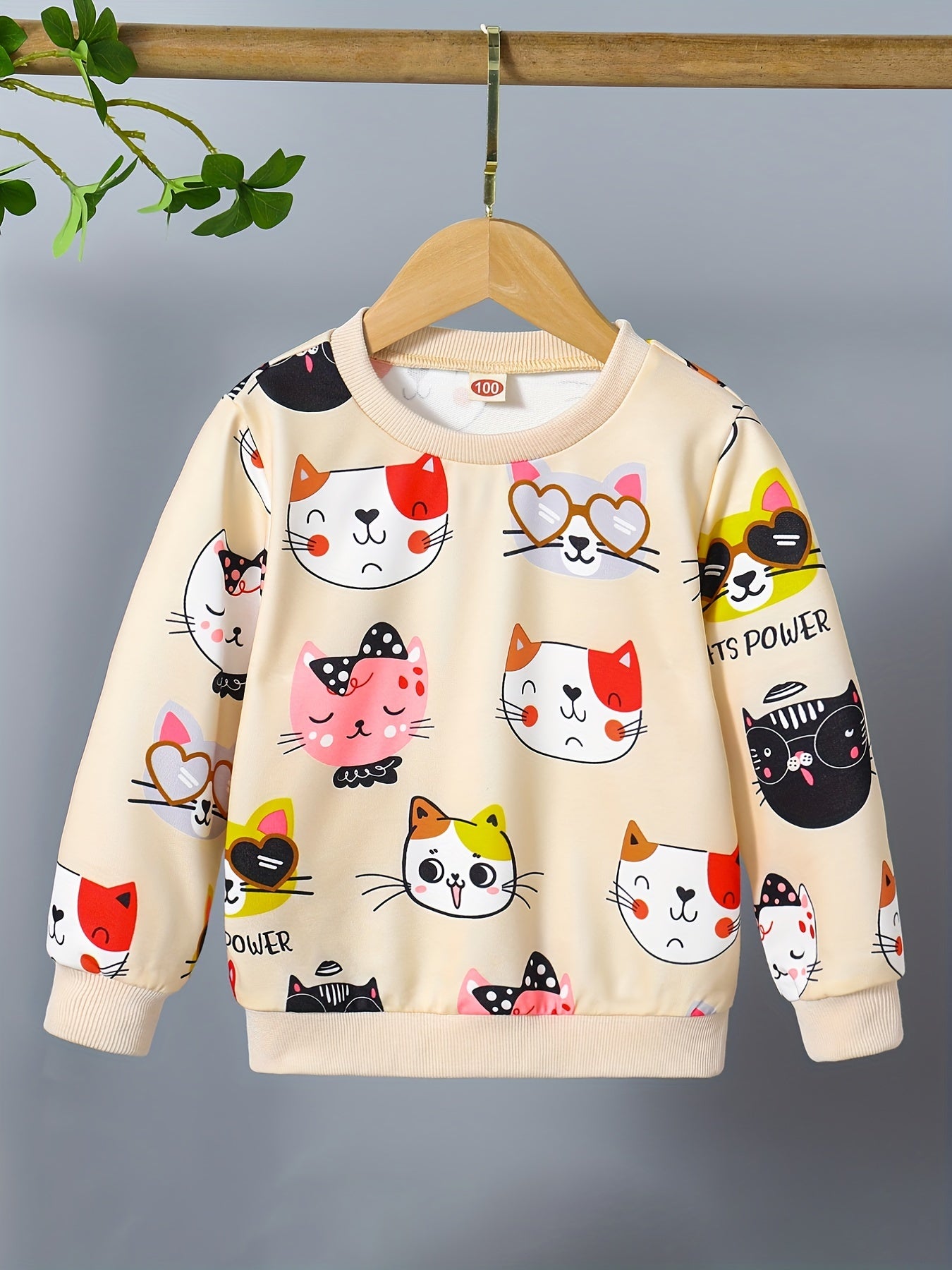 Girls Kitty Print Pullover Long Sleeve Crew Neck Sweatshirt Top Kids Fall Clothes
