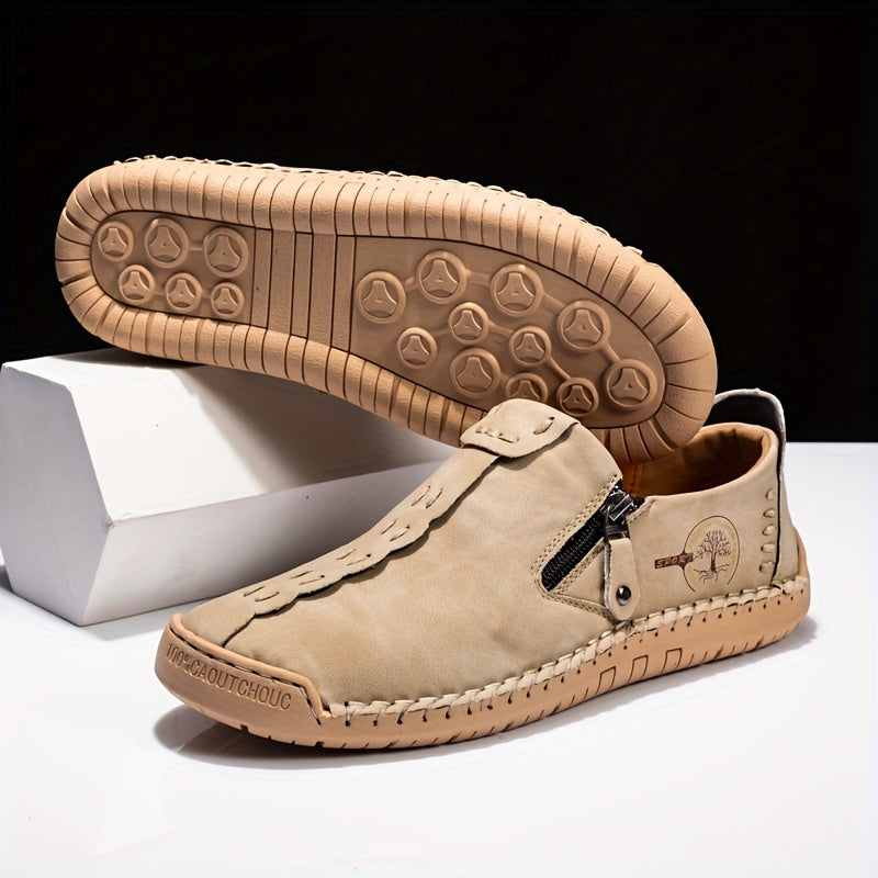 Men'S Vintage Loafers - Handmade Synthetic Shoes with Zipper Closure, Round Toe & Rubber Sole, Brown & Black Design for Casual & Formal Wear, Formal Footwear, Durable Footwear