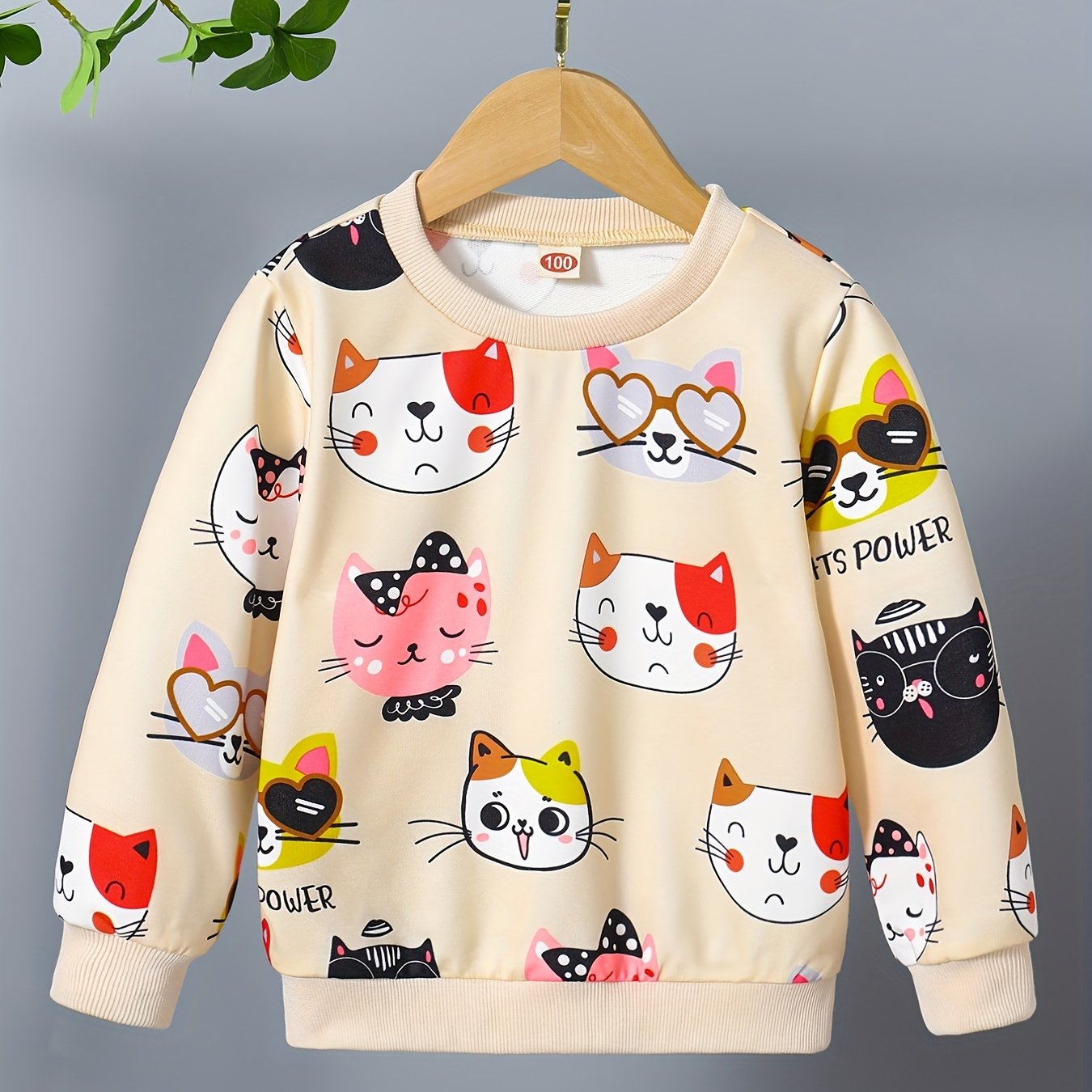 Girls Kitty Print Pullover Long Sleeve Crew Neck Sweatshirt Top Kids Fall Clothes