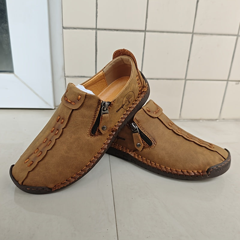 Men'S Vintage Loafers - Handmade Synthetic Shoes with Zipper Closure, Round Toe & Rubber Sole, Brown & Black Design for Casual & Formal Wear, Formal Footwear, Durable Footwear