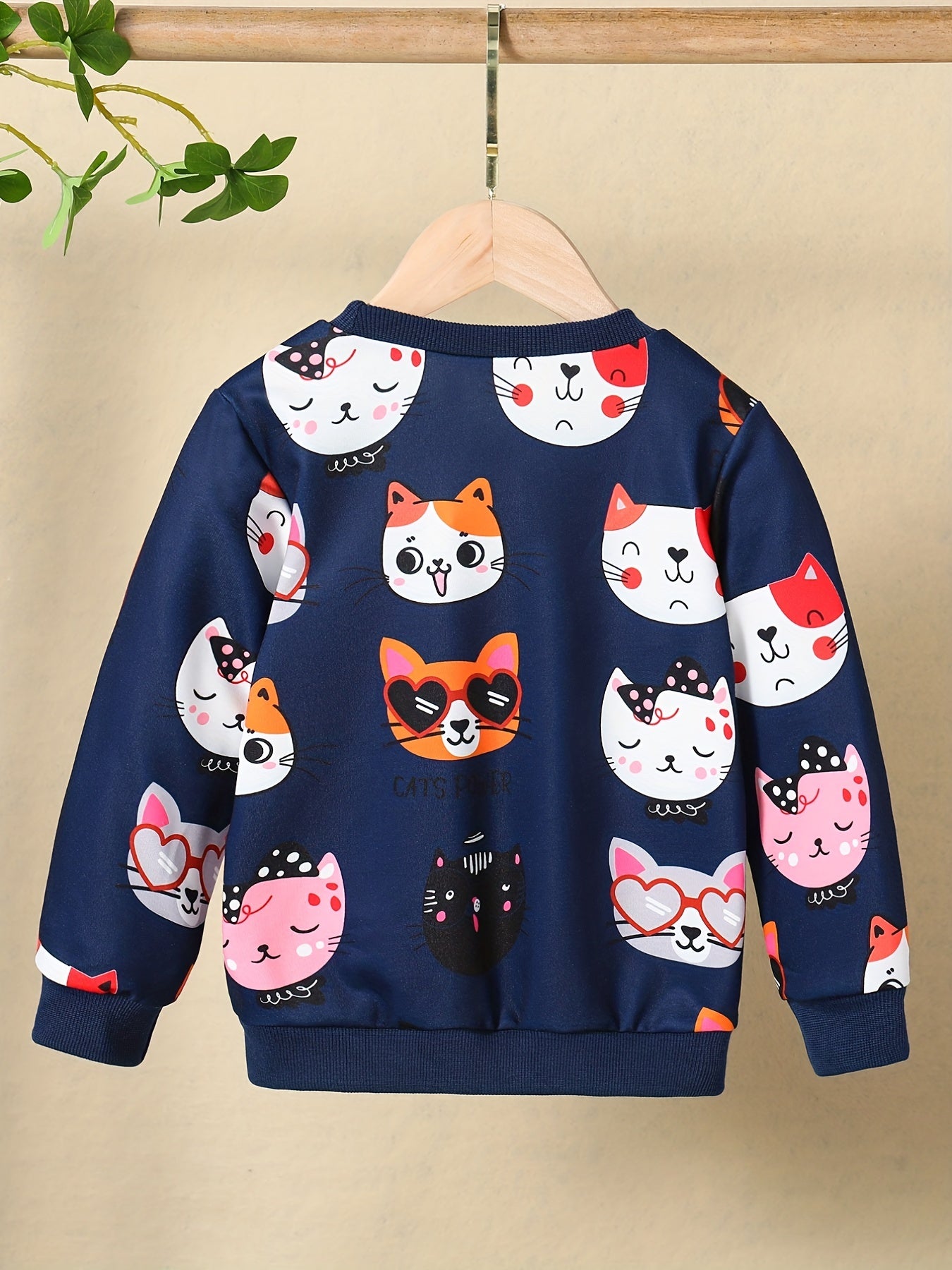 Girls Kitty Print Pullover Long Sleeve Crew Neck Sweatshirt Top Kids Fall Clothes