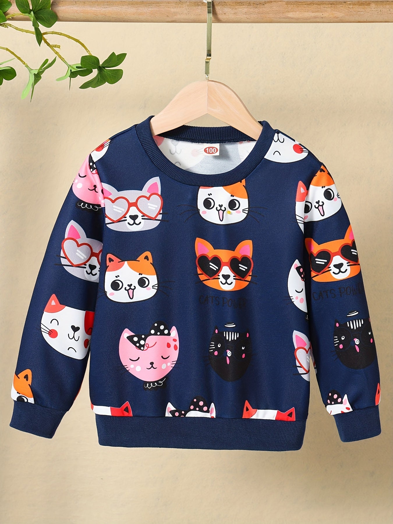 Girls Kitty Print Pullover Long Sleeve Crew Neck Sweatshirt Top Kids Fall Clothes