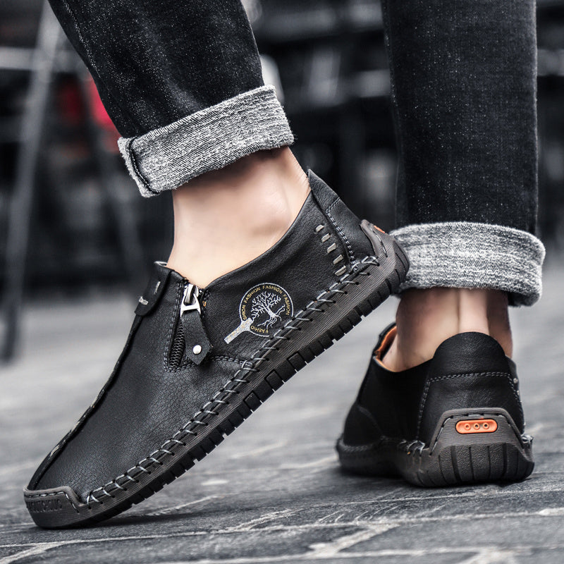 Men'S Vintage Loafers - Handmade Synthetic Shoes with Zipper Closure, Round Toe & Rubber Sole, Brown & Black Design for Casual & Formal Wear, Formal Footwear, Durable Footwear