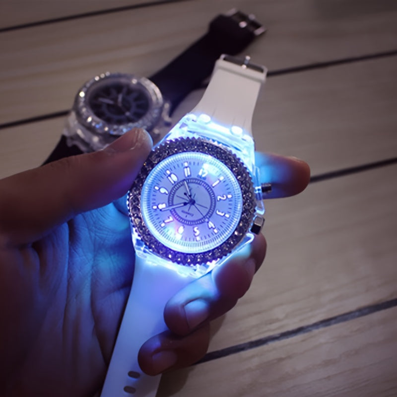 Luminous Watch Rhinestone LED Flash Couple Silicone For Women Unisex Round Quartz Sports Watch