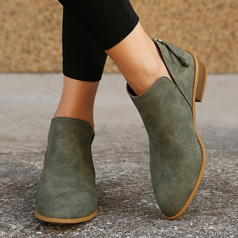 Women's Chunky Heeled Ankle V Cut Boots, Stacked Heeled Back Zipper Pointed Toe Shoes, Women's Footwear