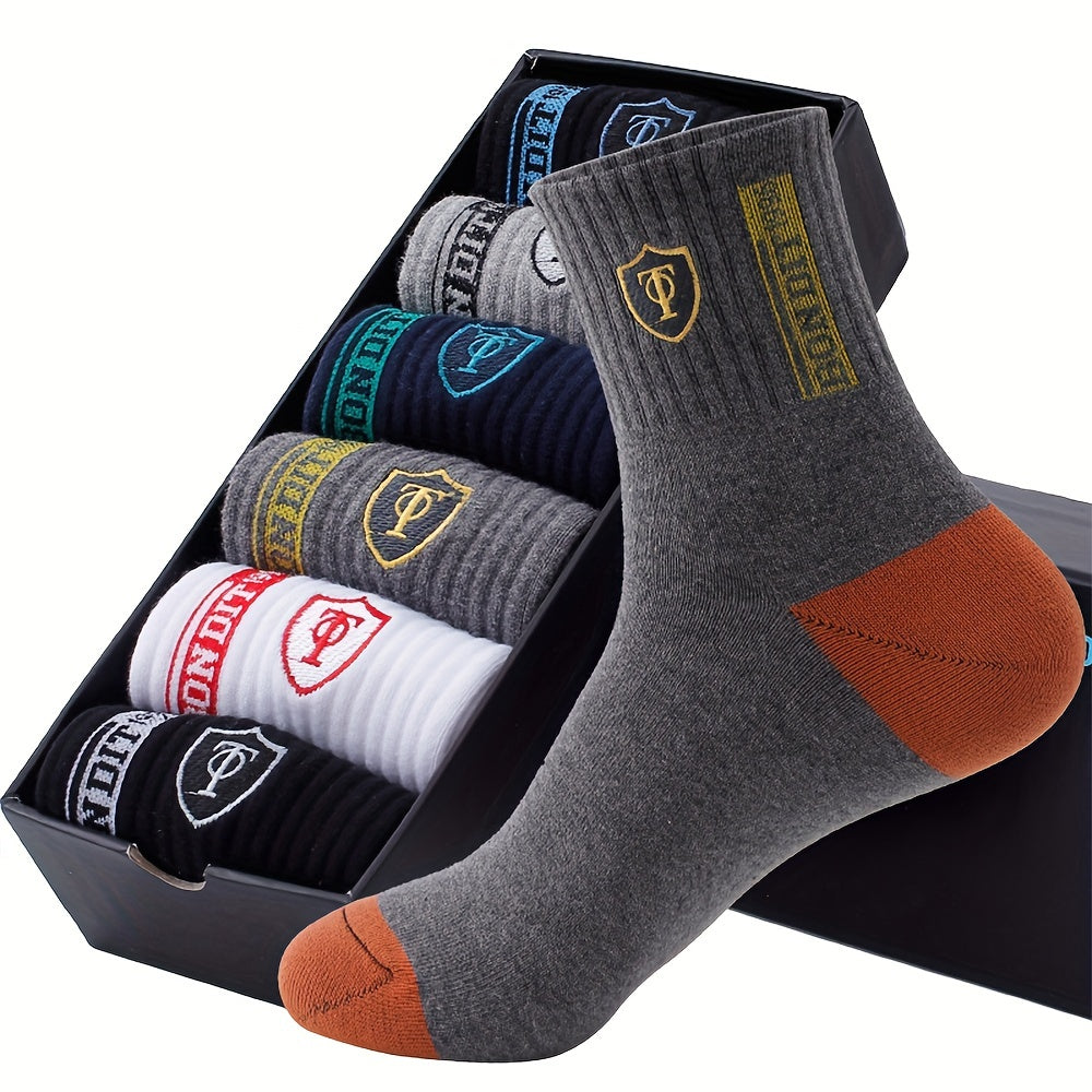 [6pcs Breathable Crew Socks Comfortable] 6pcs LIJIE Men's Breathable Crew Socks - Casual Business Style with Letter Print, Comfortable Polyester & Spandex Blend, Hand Wash Only, Assorted Colors, Versatile Dress Socks|Logo Pri