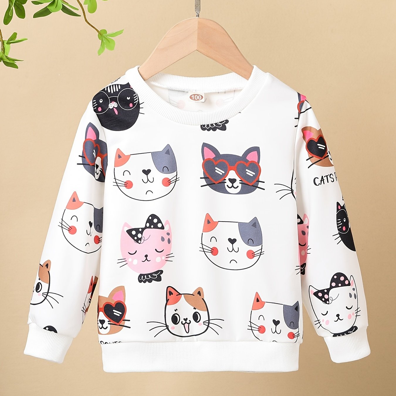 Girls Kitty Print Pullover Long Sleeve Crew Neck Sweatshirt Top Kids Fall Clothes