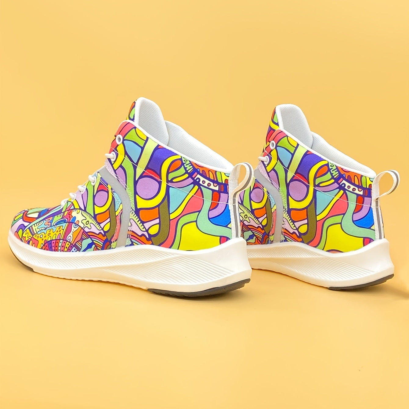 Hand-Painted Cartoon Print Women's Reflective Lace-Up High-Top Sneakers - Lightweight Winter-Ready Casual Shoes with Soft Fabric Upper & EVA/Rubber Sole for North American & Mexican Fashion