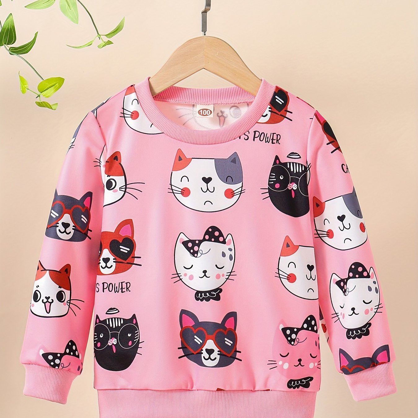 Girls Kitty Print Pullover Long Sleeve Crew Neck Sweatshirt Top Kids Fall Clothes