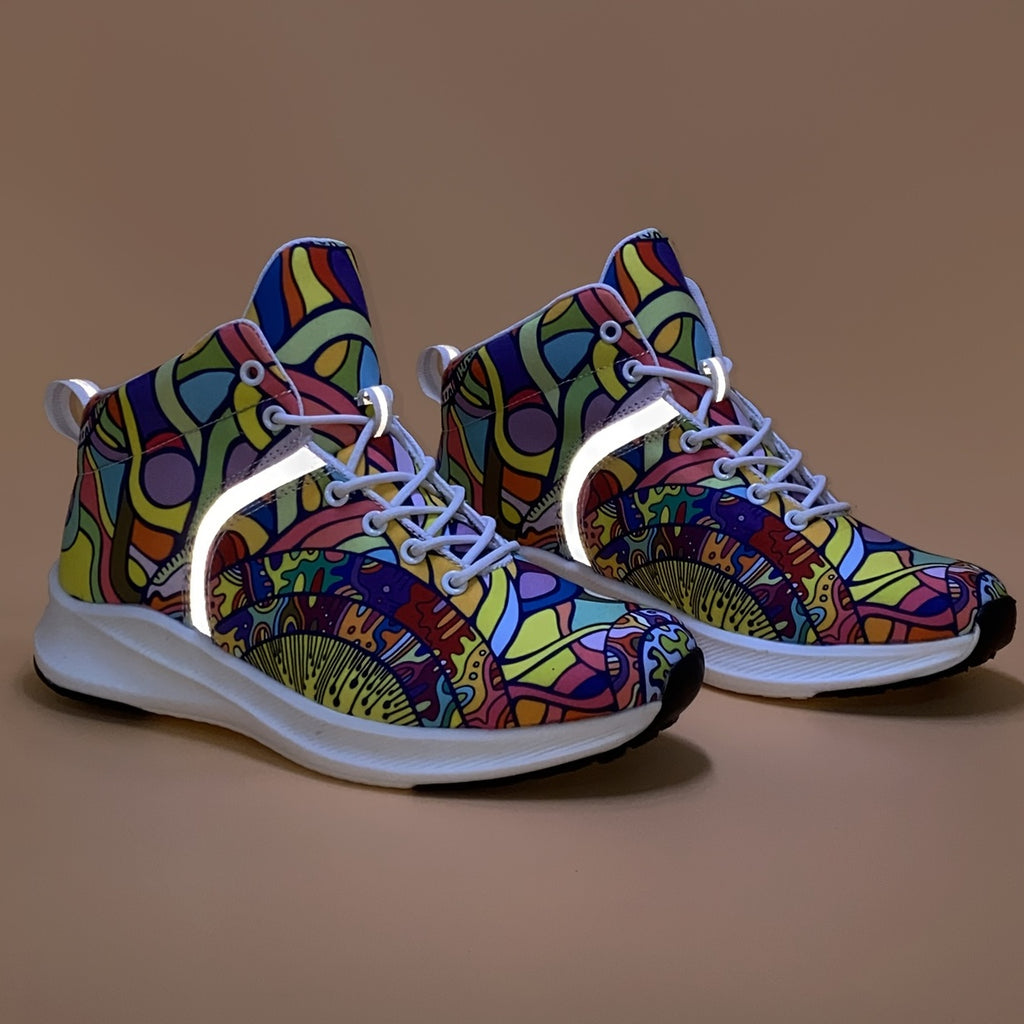 Hand-Painted Cartoon Print Women's Reflective Lace-Up High-Top Sneakers - Lightweight Winter-Ready Casual Shoes with Soft Fabric Upper & EVA/Rubber Sole for North American & Mexican Fashion
