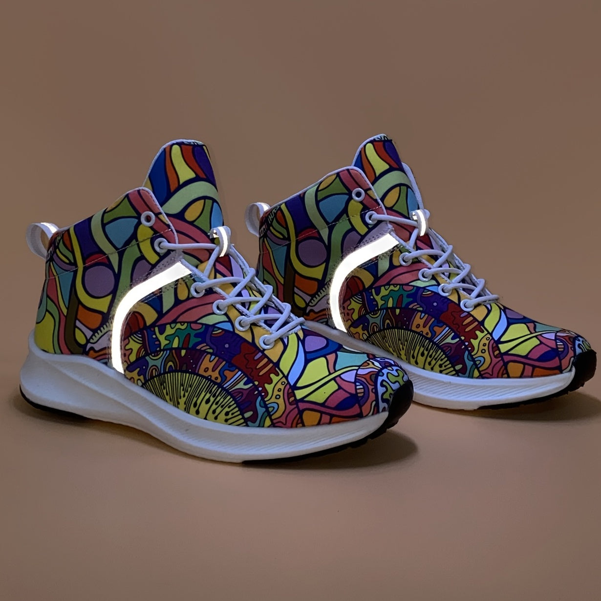 Hand-Painted Cartoon Print Women's Reflective Lace-Up High-Top Sneakers - Lightweight Winter-Ready Casual Shoes with Soft Fabric Upper & EVA/Rubber Sole for North American & Mexican Fashion