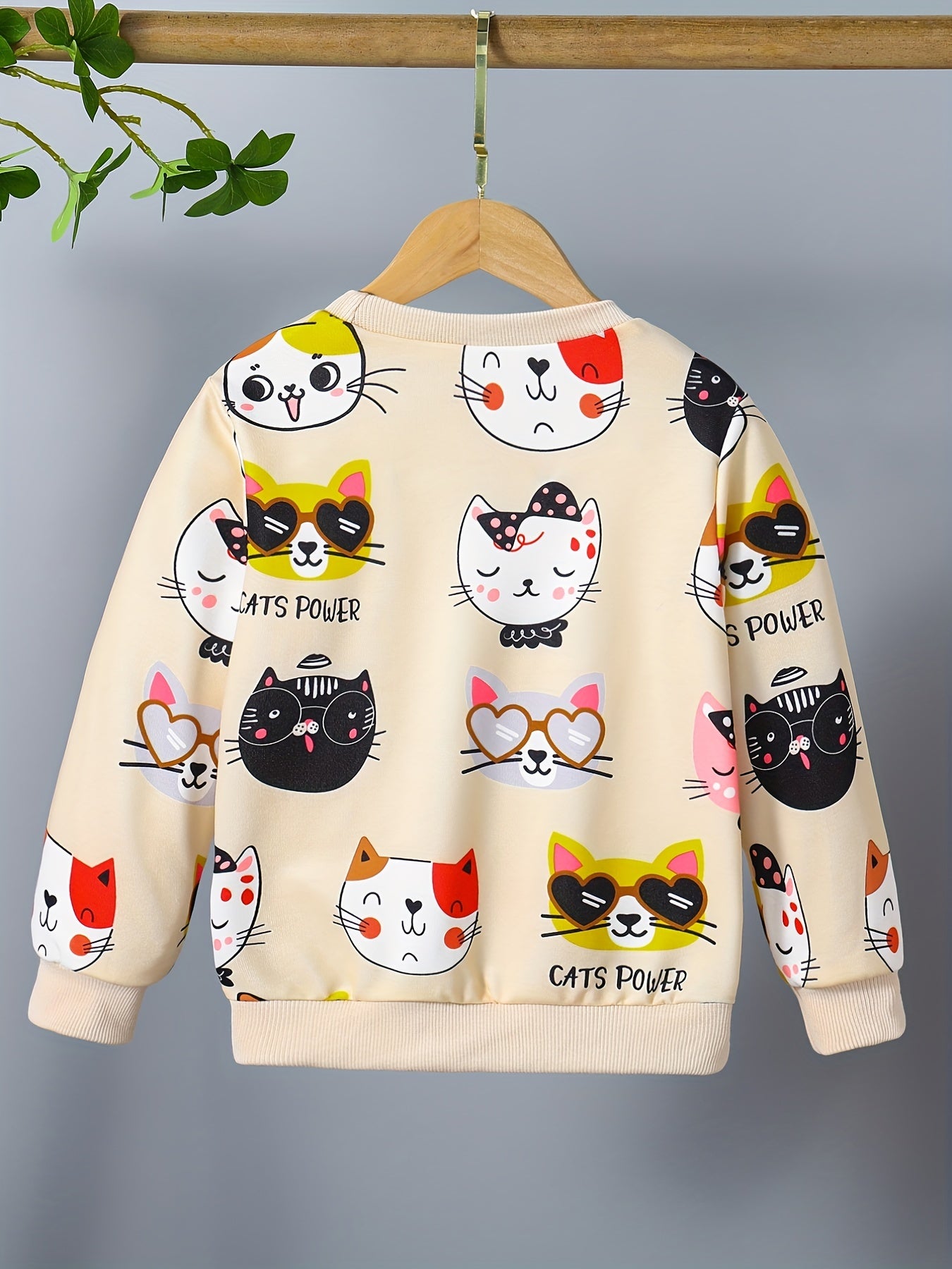 Girls Kitty Print Pullover Long Sleeve Crew Neck Sweatshirt Top Kids Fall Clothes