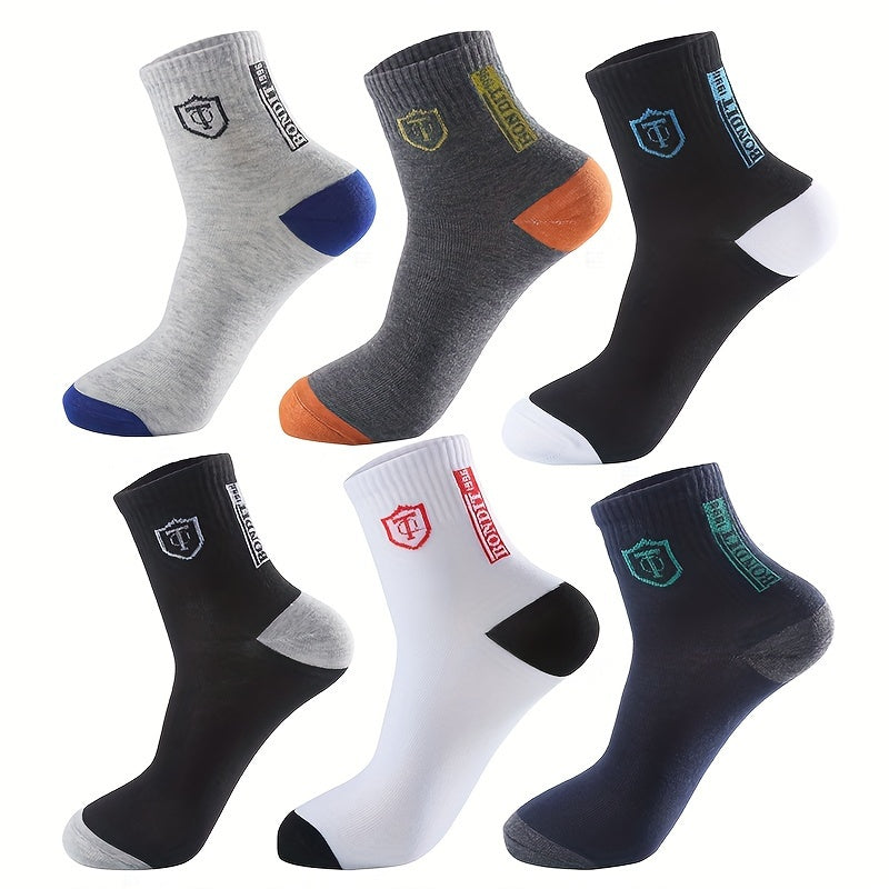 [6pcs Breathable Crew Socks Comfortable] 6pcs LIJIE Men's Breathable Crew Socks - Casual Business Style with Letter Print, Comfortable Polyester & Spandex Blend, Hand Wash Only, Assorted Colors, Versatile Dress Socks|Logo Pri
