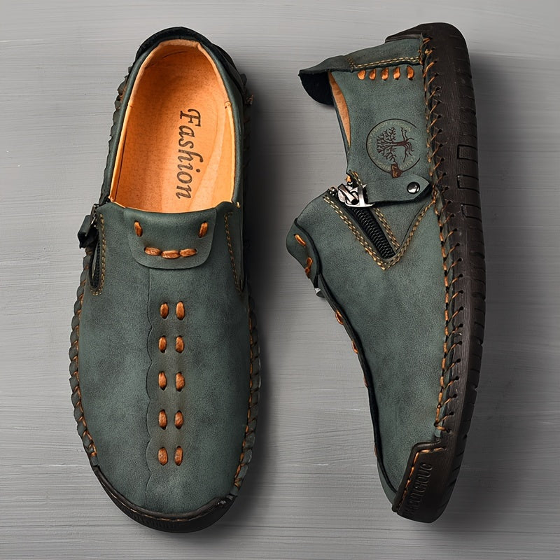 Men'S Vintage Loafers - Handmade Synthetic Shoes with Zipper Closure, Round Toe & Rubber Sole, Brown & Black Design for Casual & Formal Wear, Formal Footwear, Durable Footwear