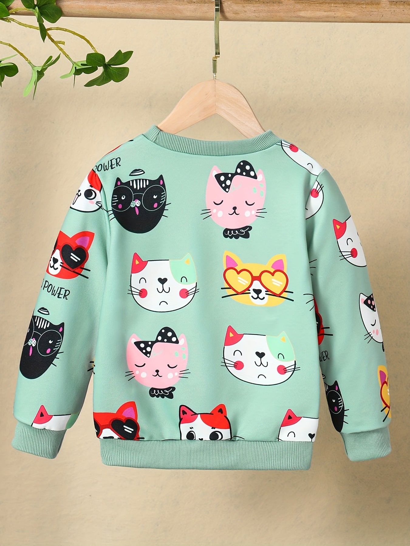 Girls Kitty Print Pullover Long Sleeve Crew Neck Sweatshirt Top Kids Fall Clothes