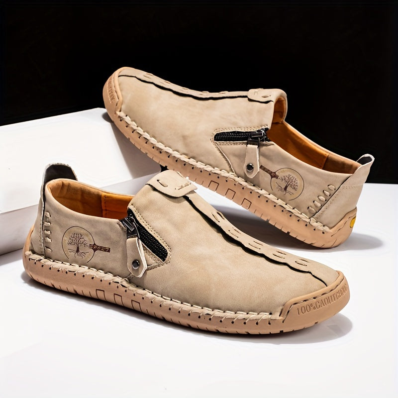 Men'S Vintage Loafers - Handmade Synthetic Shoes with Zipper Closure, Round Toe & Rubber Sole, Brown & Black Design for Casual & Formal Wear, Formal Footwear, Durable Footwear