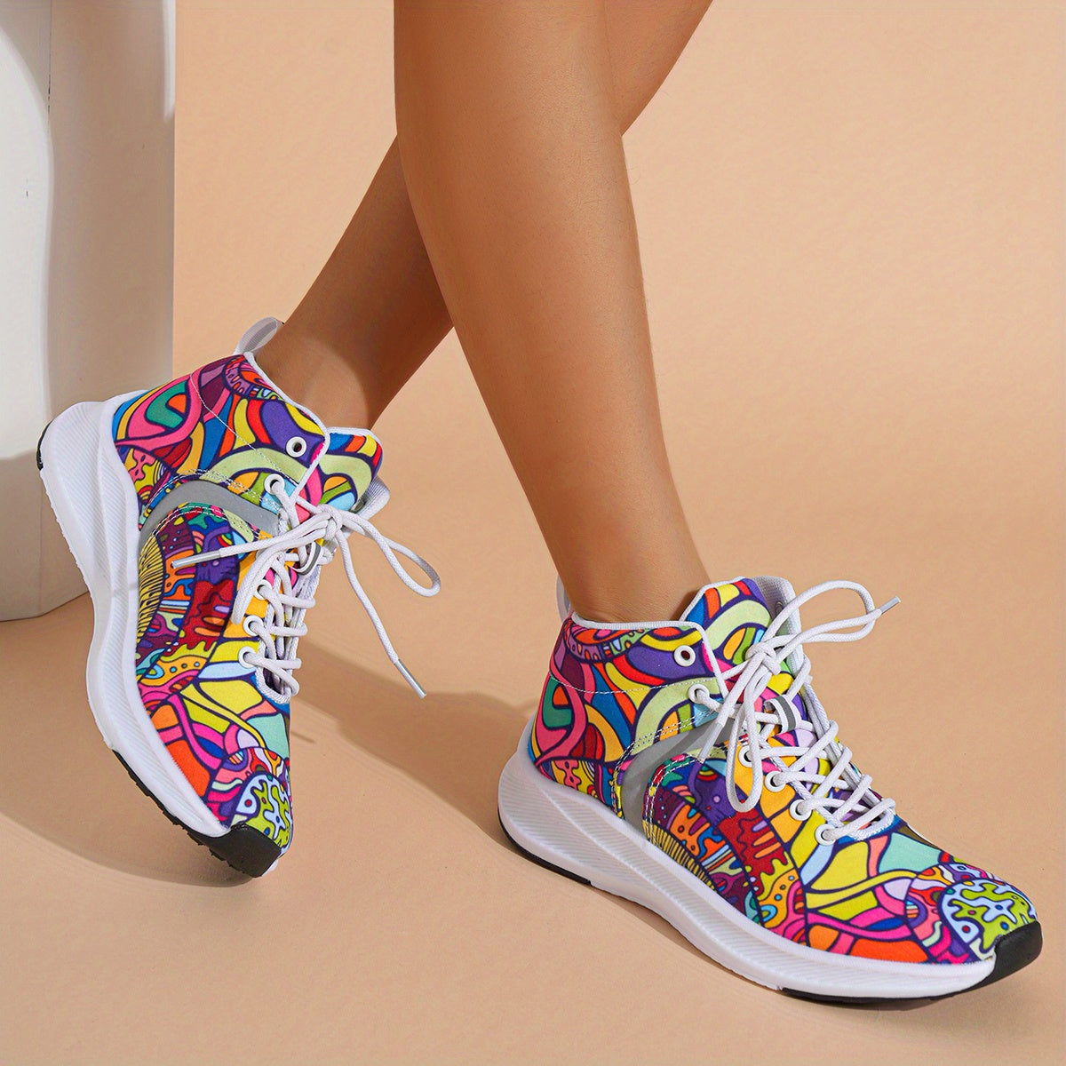 Hand-Painted Cartoon Print Women's Reflective Lace-Up High-Top Sneakers - Lightweight Winter-Ready Casual Shoes with Soft Fabric Upper & EVA/Rubber Sole for North American & Mexican Fashion