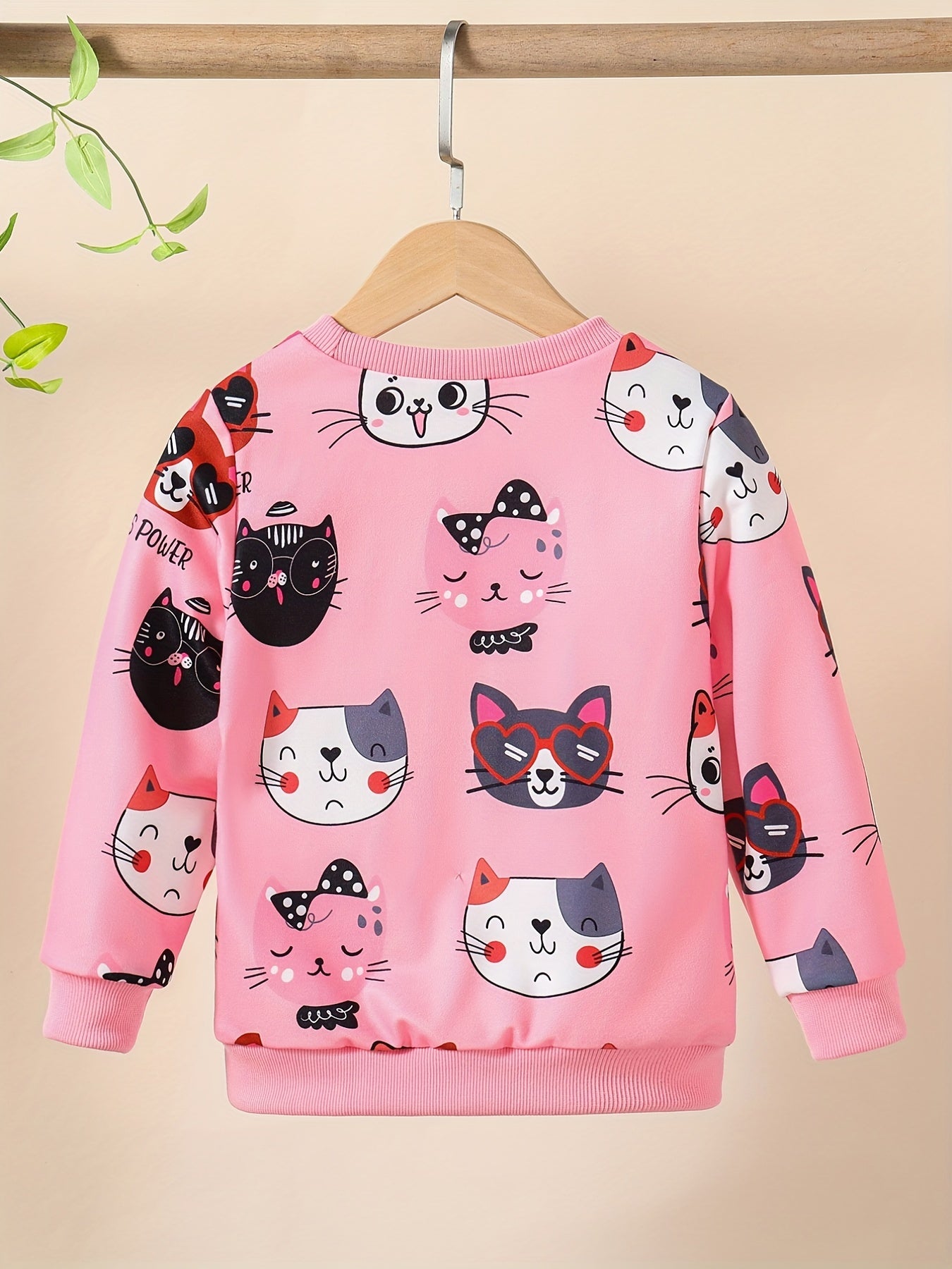 Girls Kitty Print Pullover Long Sleeve Crew Neck Sweatshirt Top Kids Fall Clothes